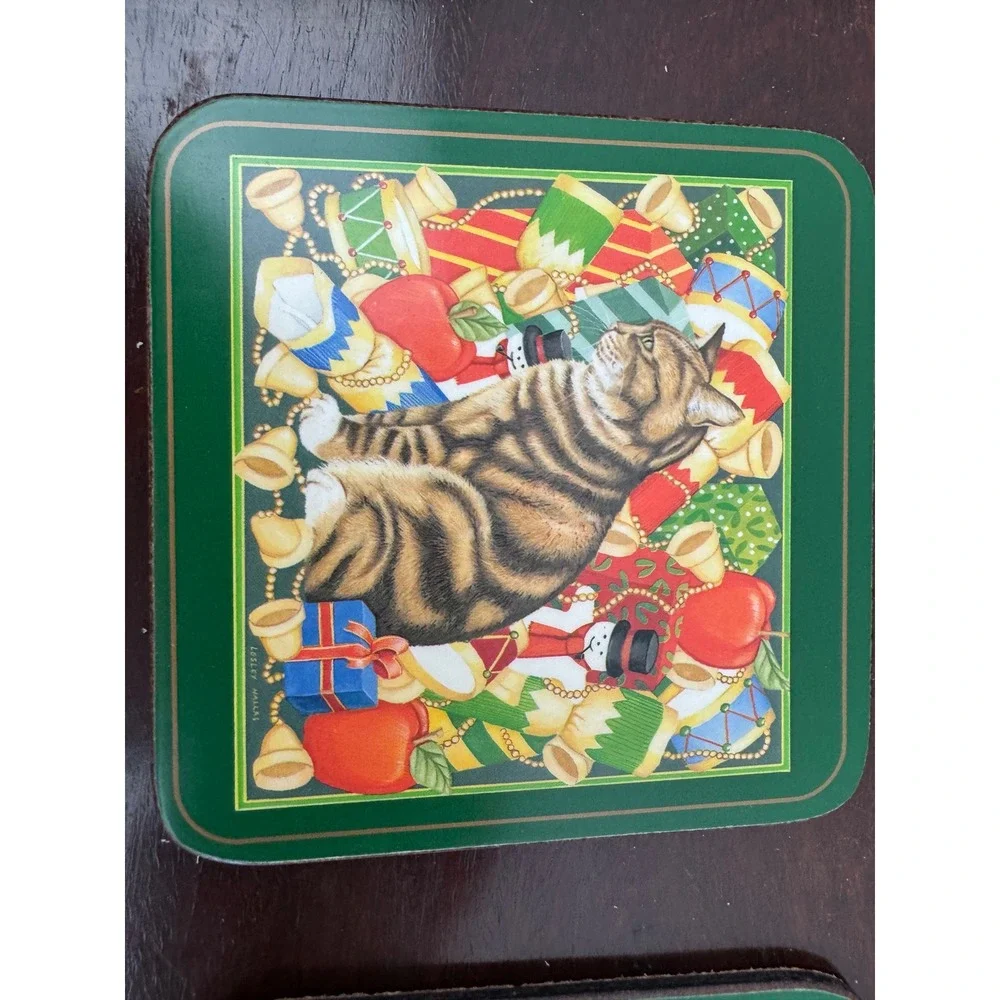 Vintage Pimpernel Christmas Cat Coasters Set of 6 Cork Back Holiday Green
